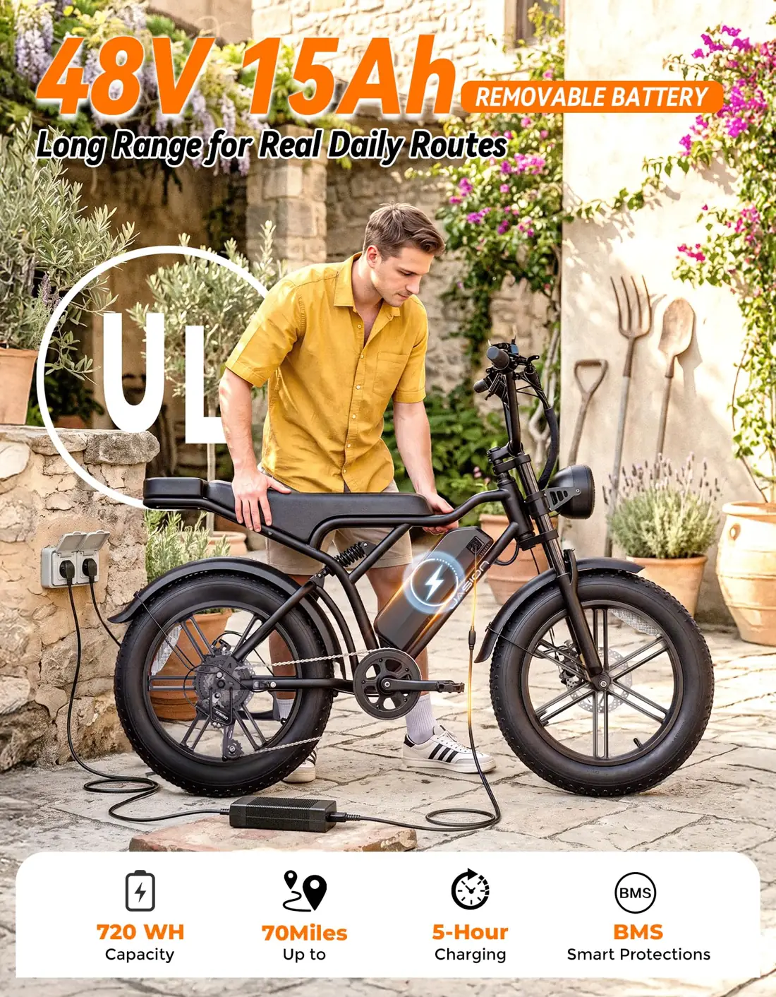 Jasion RetroVolt Electric Bike, 70-Mile Range, 2000W Peak, Fat Tire foto 3